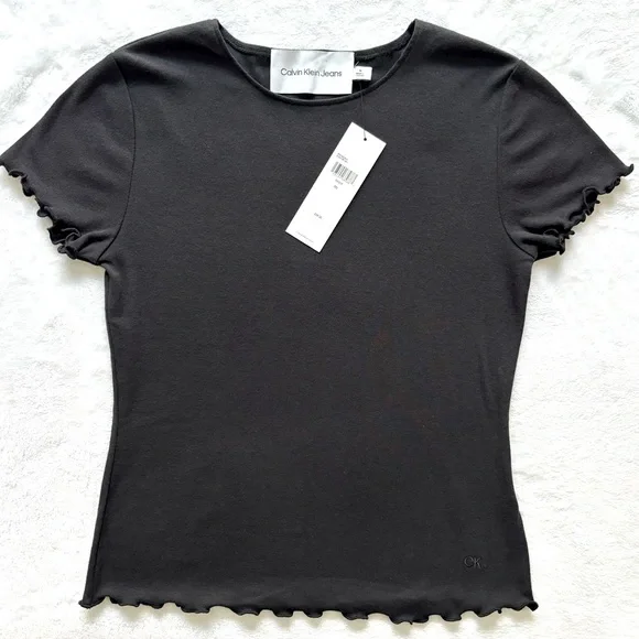 CALVIN KLEIN Black Short Sleeve Lettuce Edge Knit T-Shirt--M - Picture 5 of 14